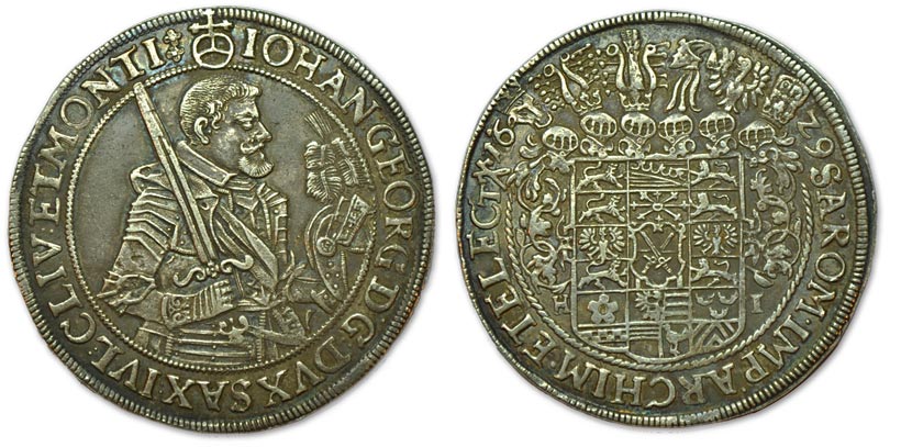 1629, 1 Taler, Johann Georg I. (mit 2 Kreuzrosetten, vz) |  Ausruf: 150 €  |  Zuschlag: 480 €
