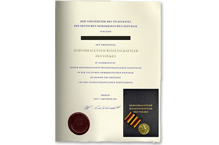 DDR Orden 'Hervorragender Wissenschaftler des Volkes' (staatliche Auszeichnung, mit Medaille zum Ehrentitel)  |  Ausruf: 1000 €  |  Zuschlag: 2700 €